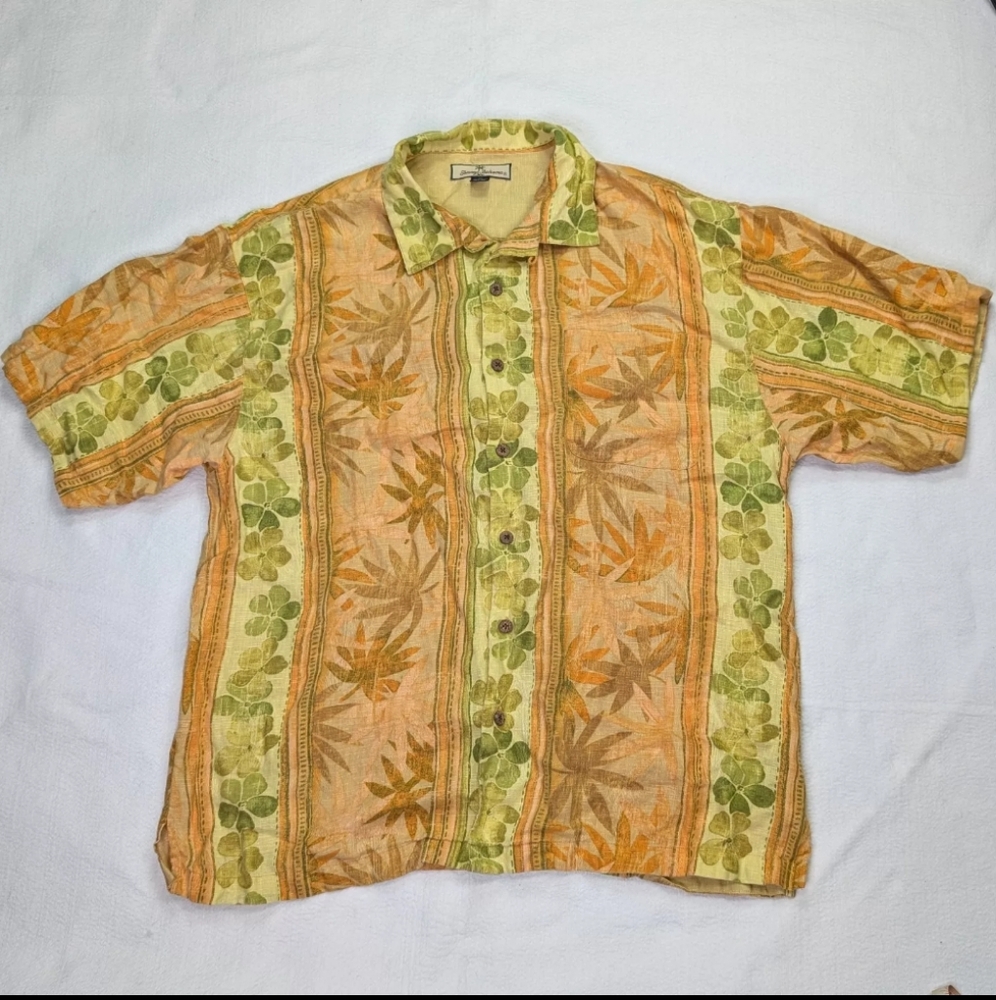 Tommy Bahama Linen Shirt Mens Size XL Floral Short Sleeve Button Hawaiian